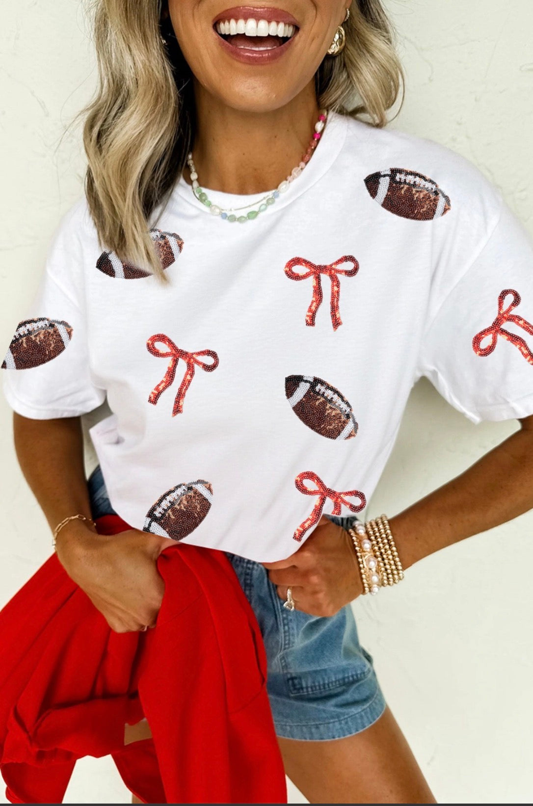 Real Sequin Game Day Round Neck Short Sleeve T-Shirts