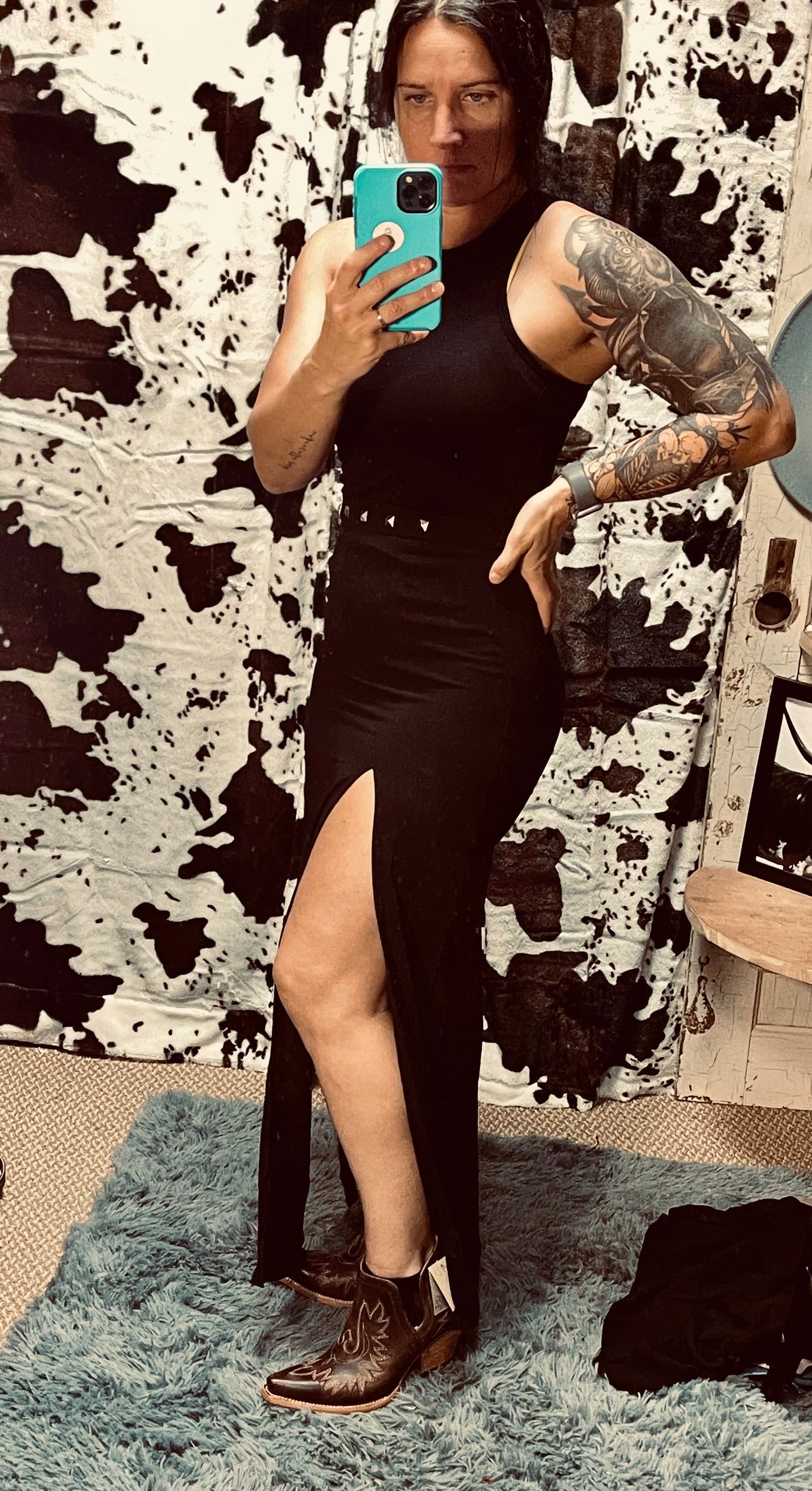 Studded High Double Slit Skirt