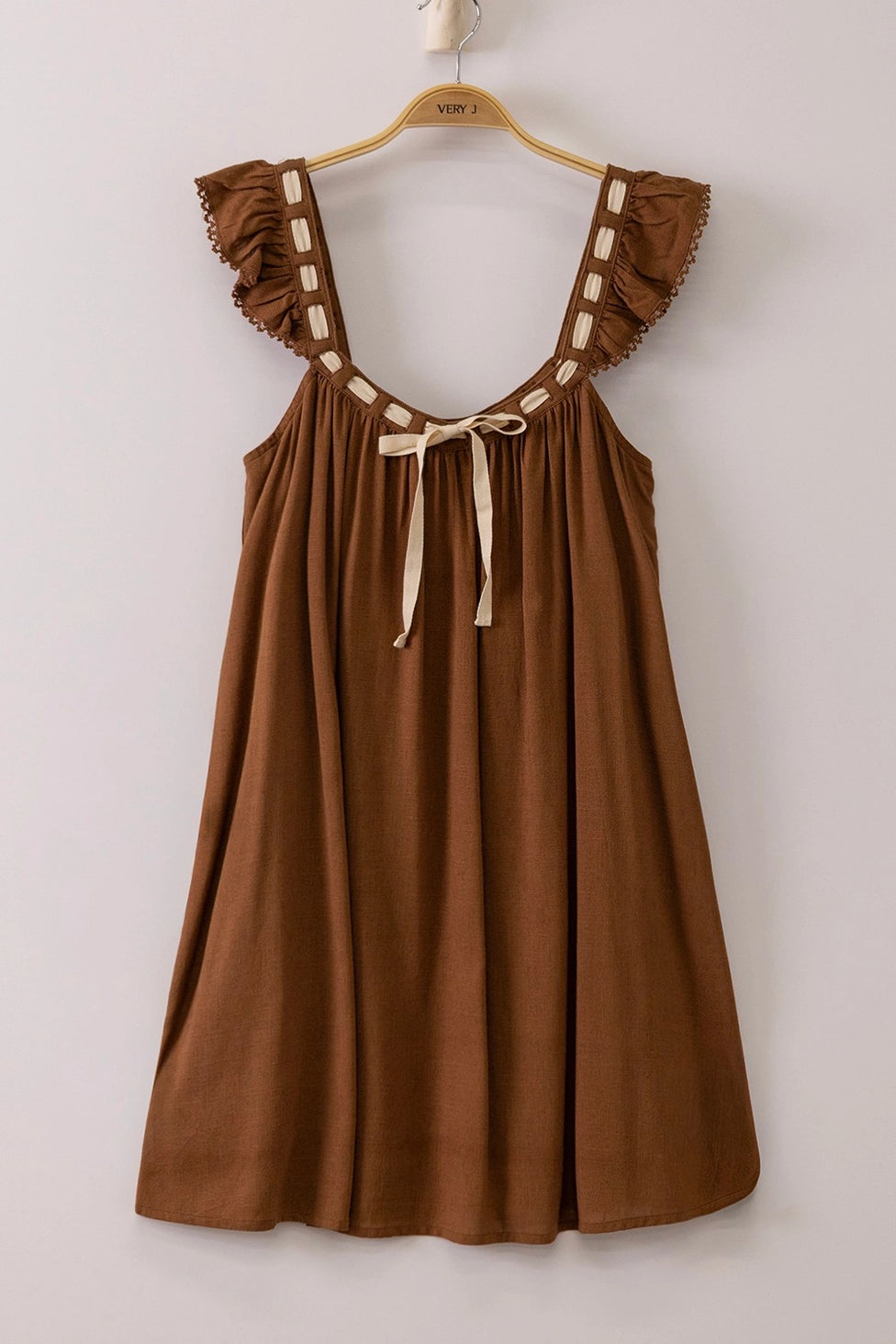 Front Tie Ruffle Sleeve Woven Shift Dress