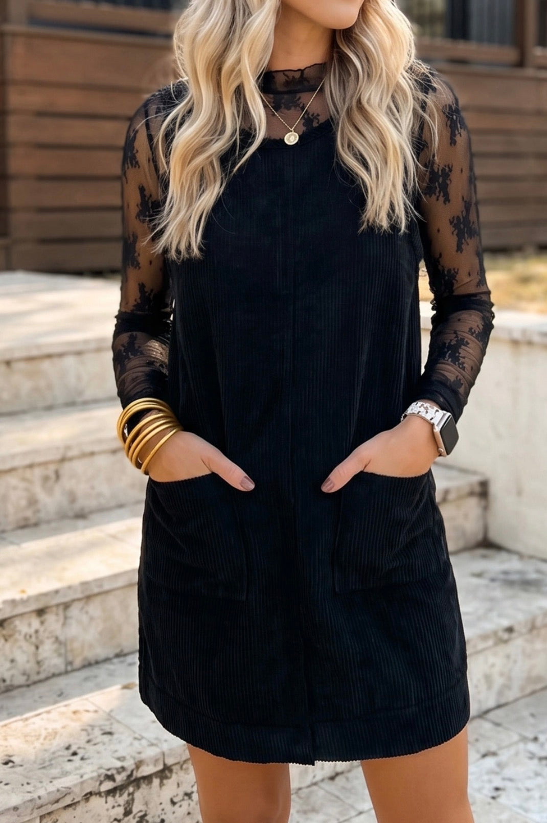 Corduroy Sleeveless Mini Dress with Patched Pockets