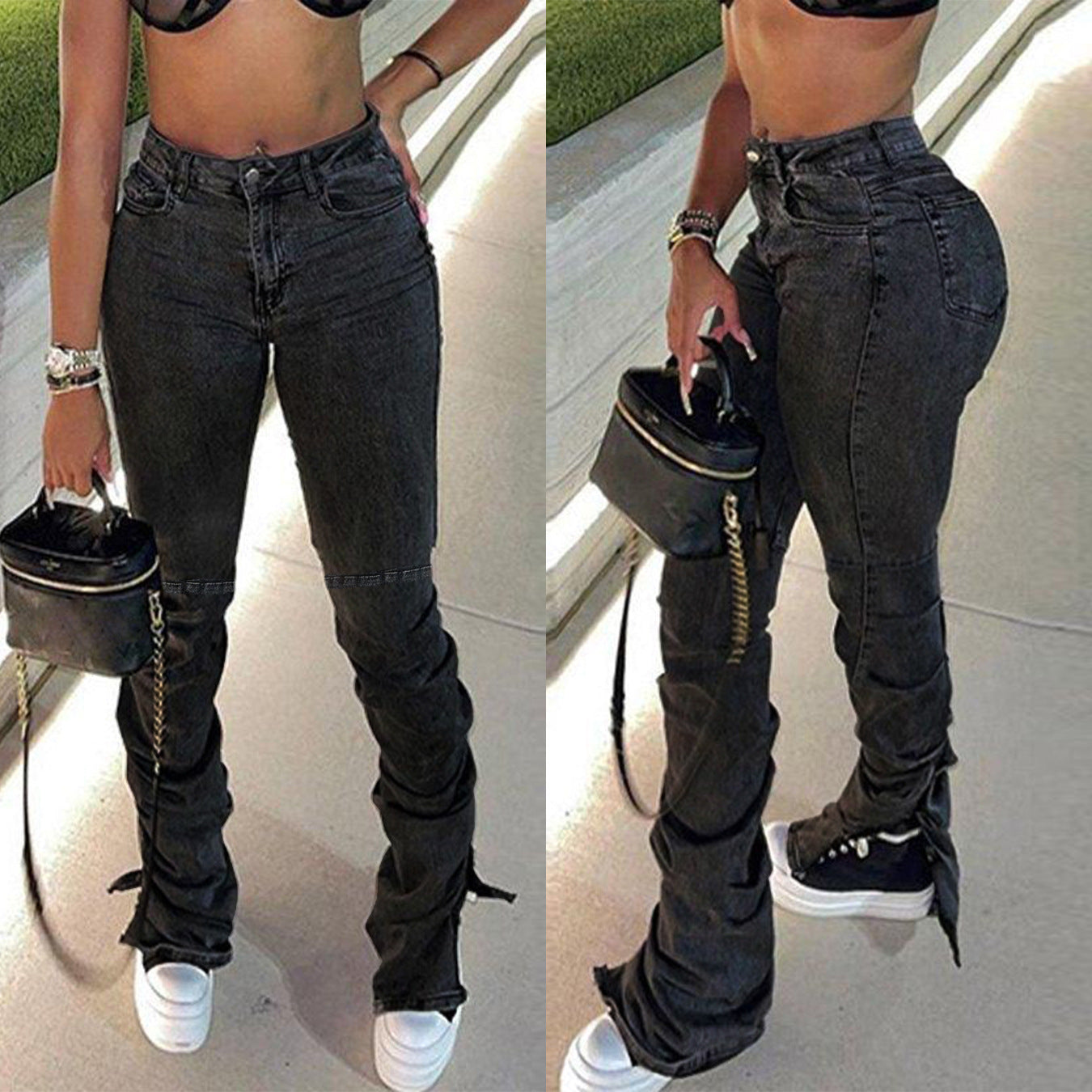 Hem Slit Stacked Jeans