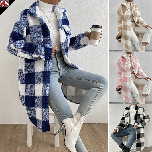 Long Plush Plaid Coat