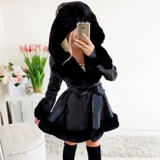 Thermal Hooded Lapel Fur Dress Coat