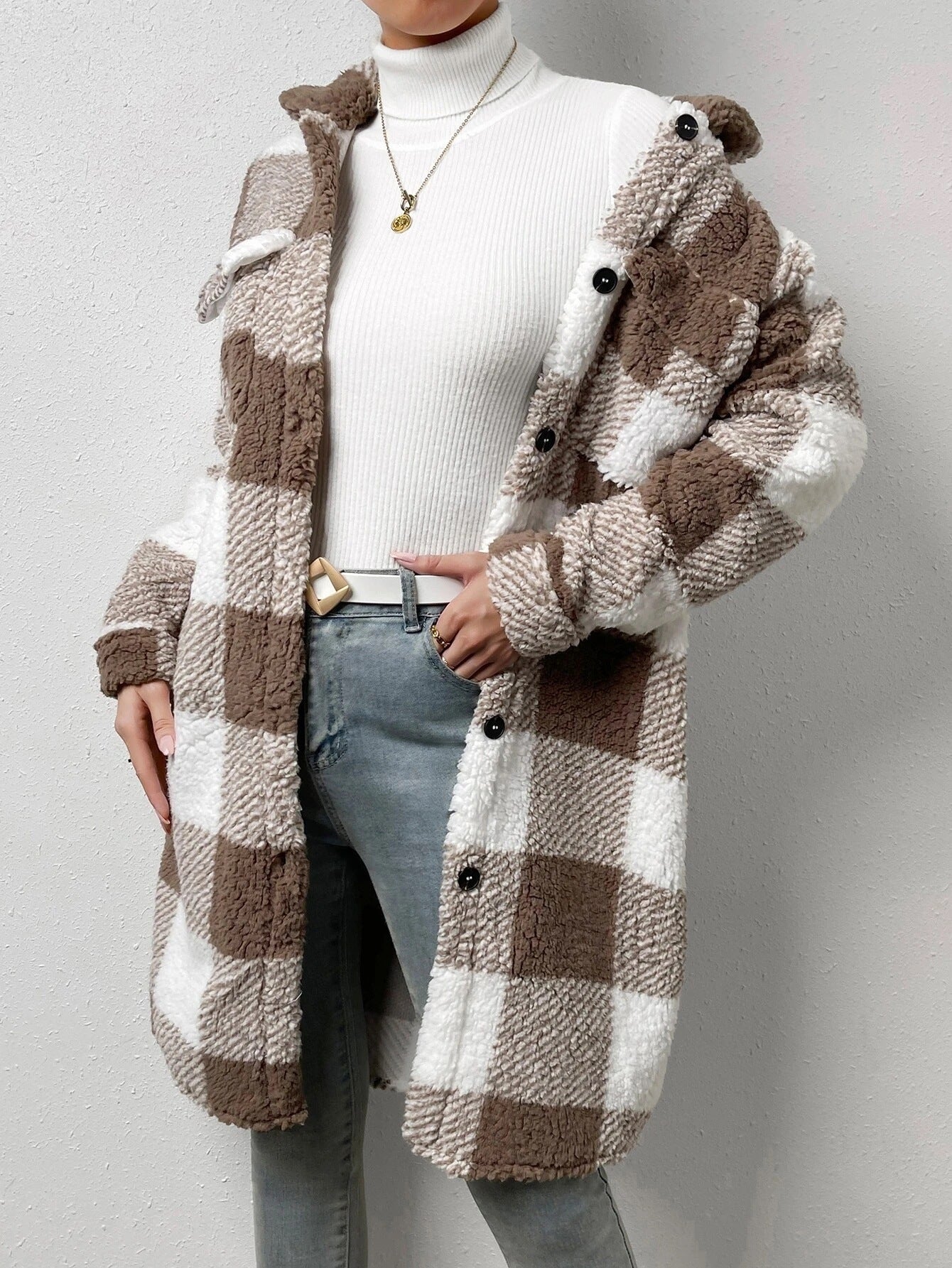 Long Plush Plaid Coat