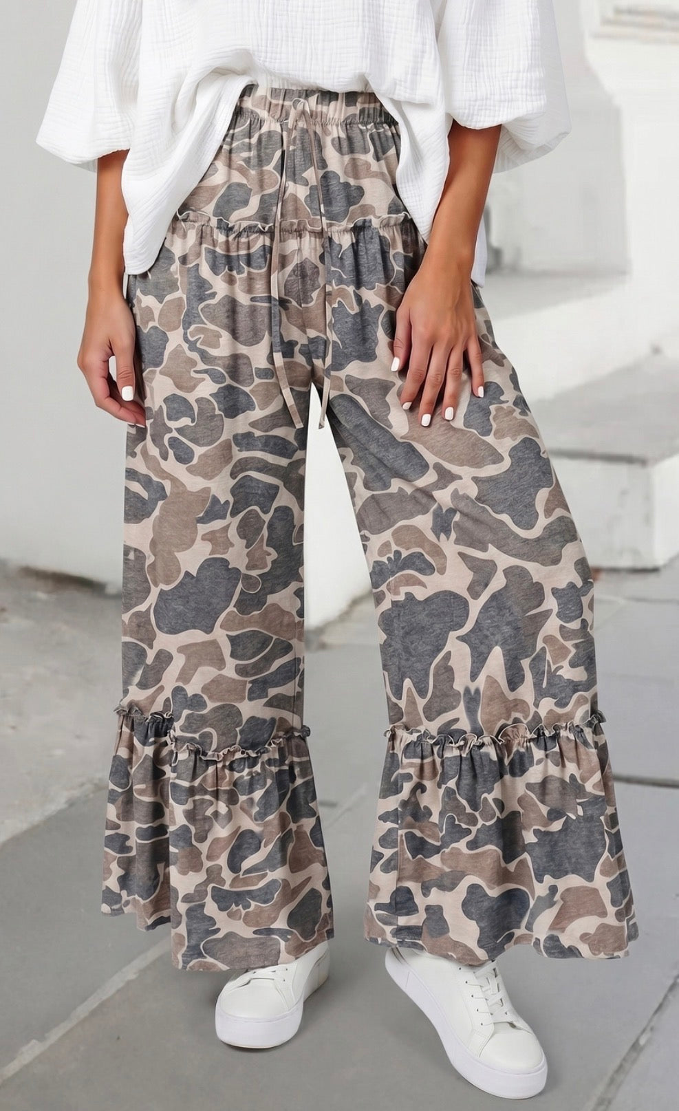 Camo Print Wide Leg Casual Pants