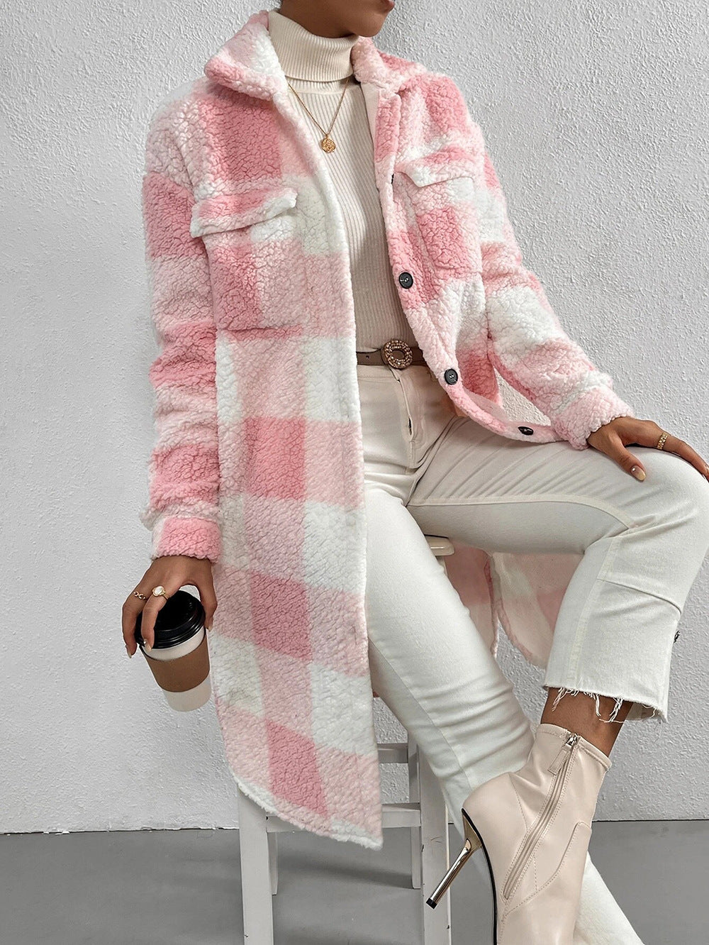 Long Plush Plaid Coat