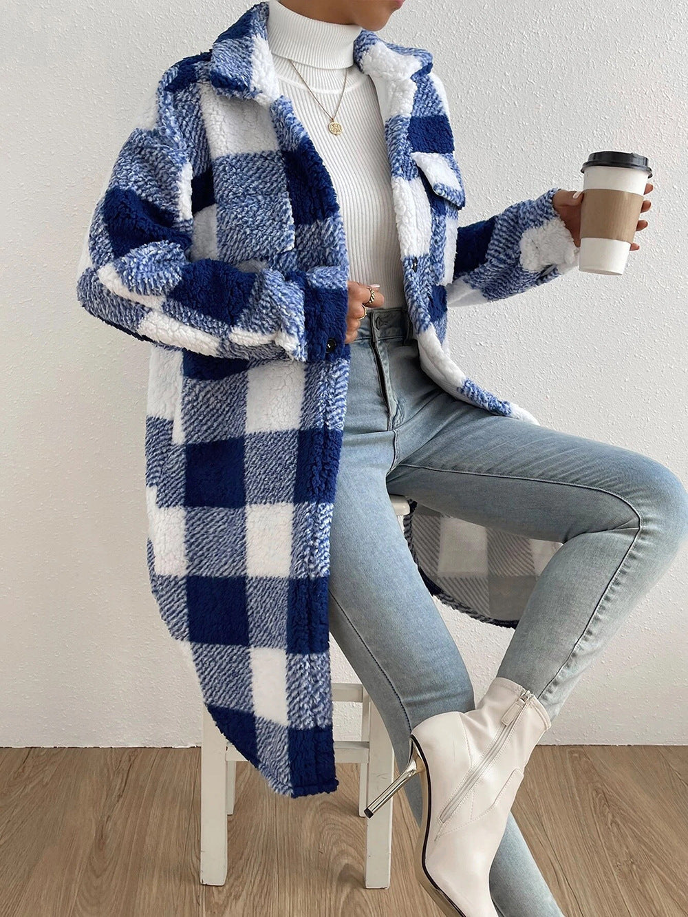 Long Plush Plaid Coat