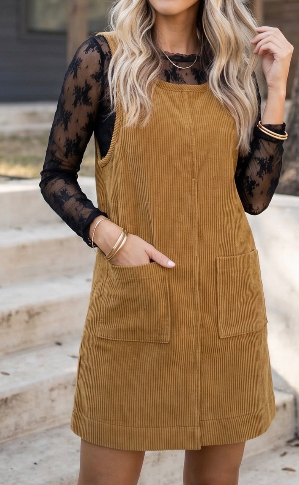 Corduroy Sleeveless Mini Dress with Patched Pockets