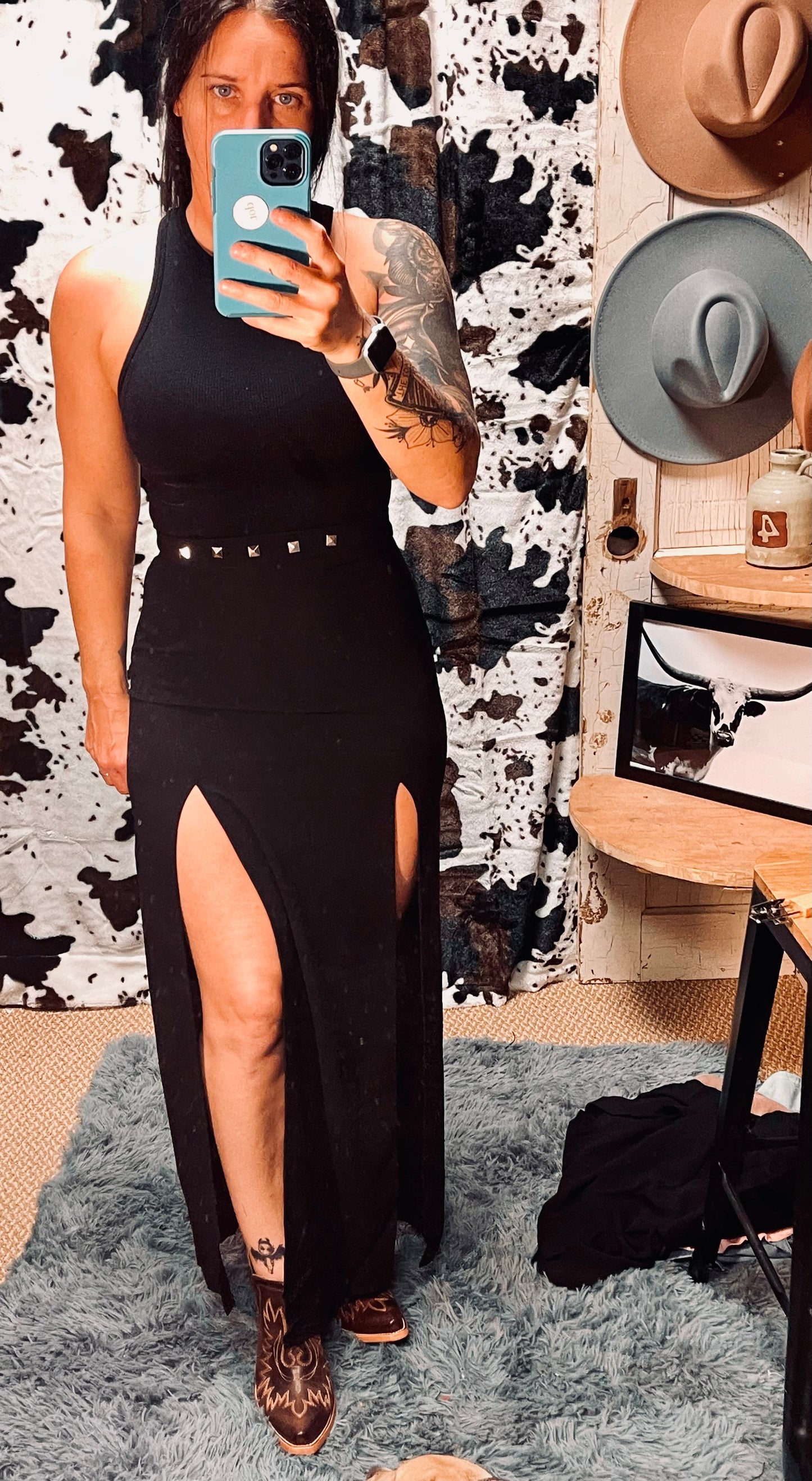 Studded High Double Slit Skirt