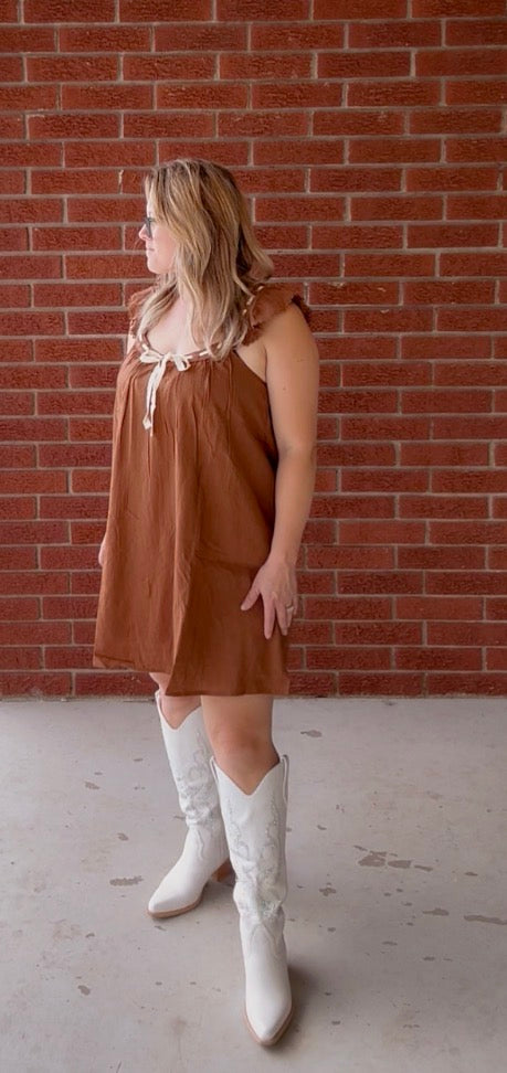 Front Tie Ruffle Sleeve Woven Shift Dress