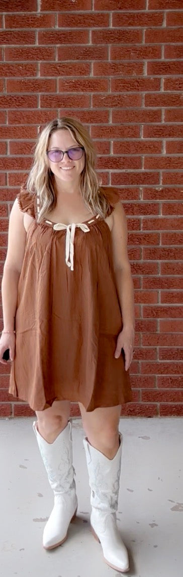 Front Tie Ruffle Sleeve Woven Shift Dress