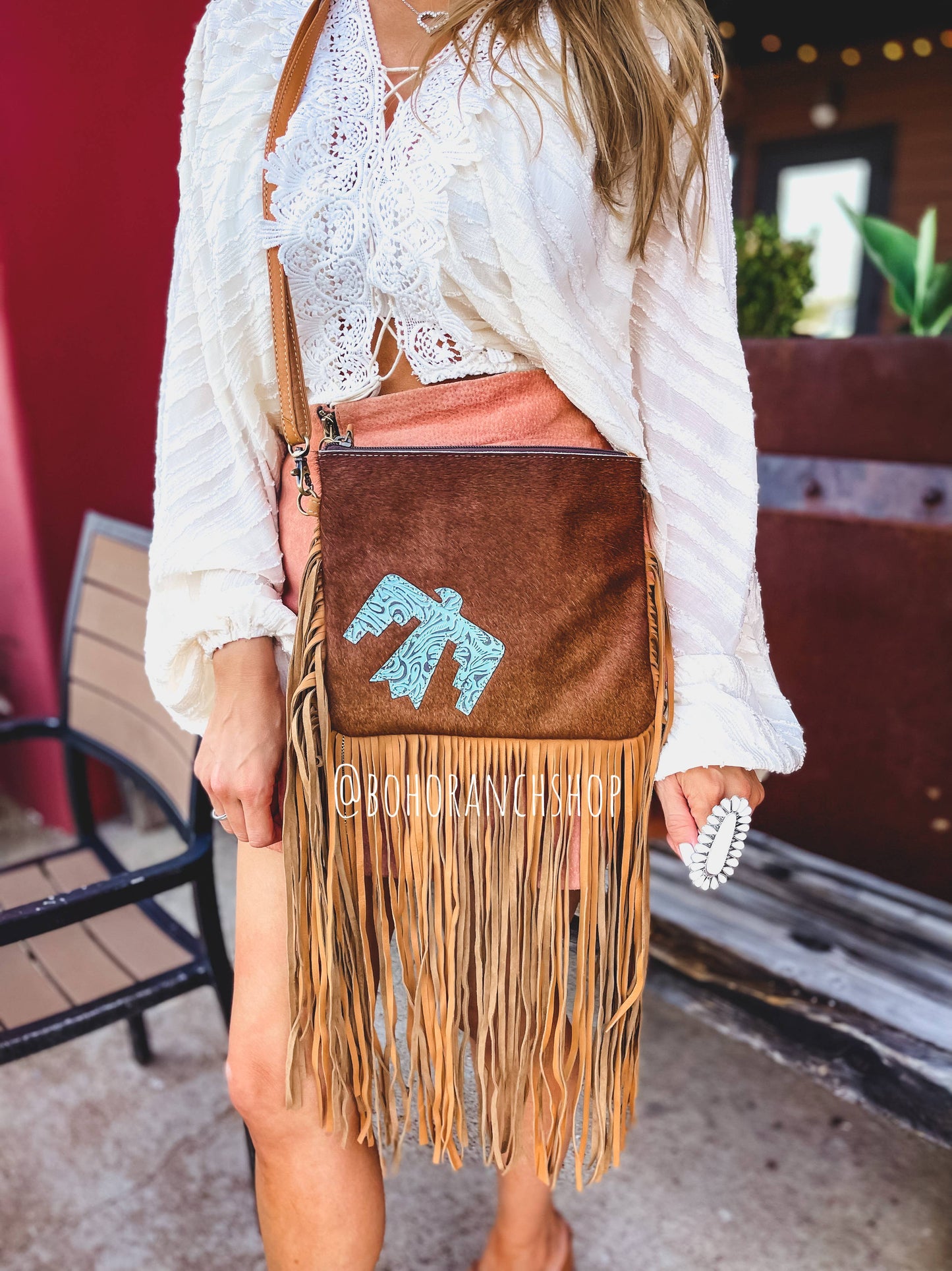 THUNDERBIRD COWHIDE CROSSBODY - white/dark brown with turquoise thunderbird