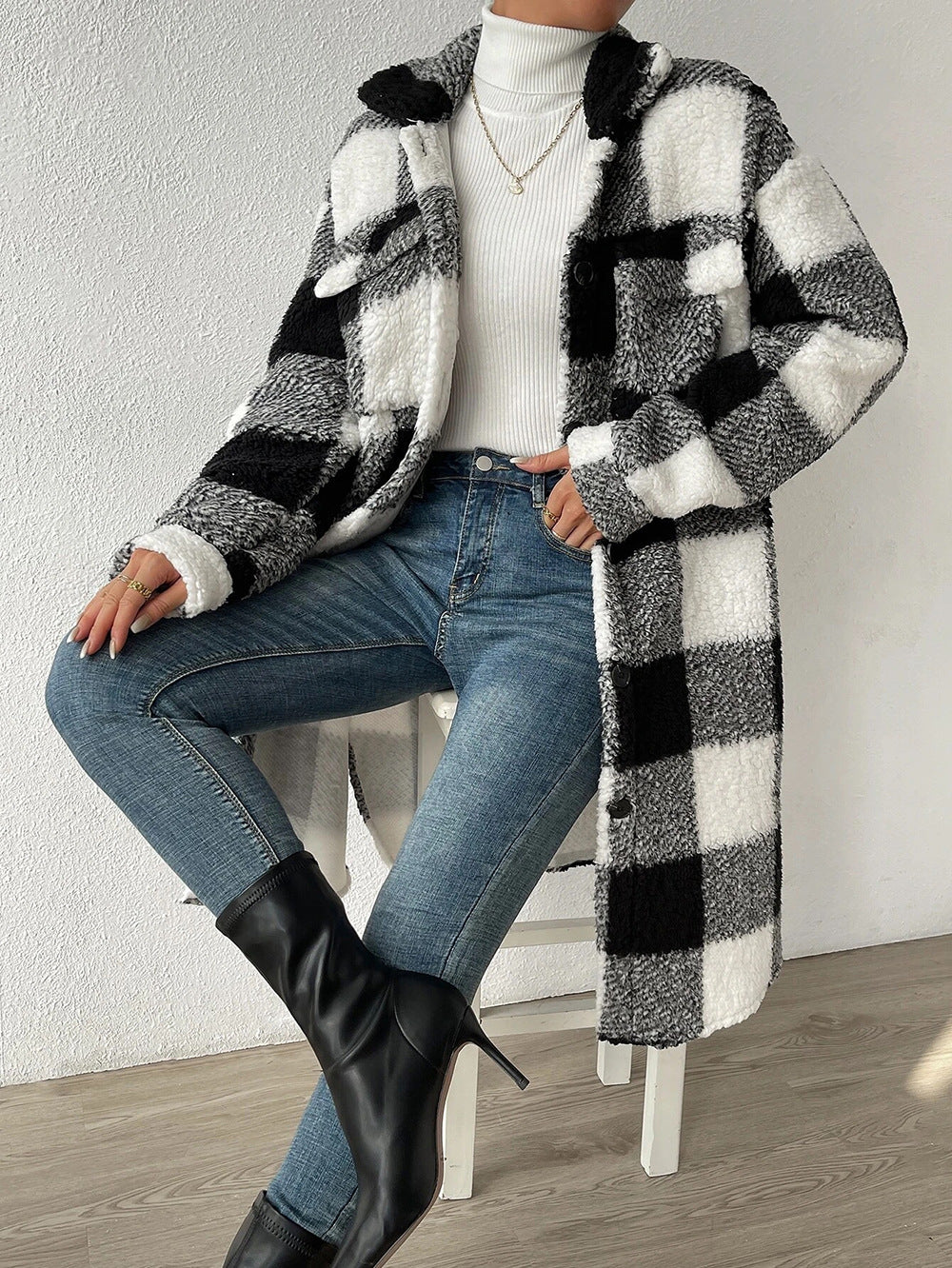 Long Plush Plaid Coat