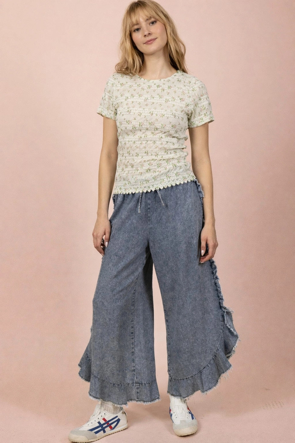 Ruffle Frayed Hem Washed Chambray Pants