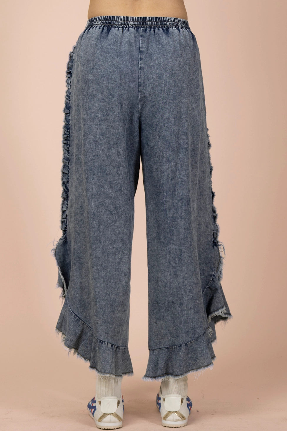 Ruffle Frayed Hem Washed Chambray Pants