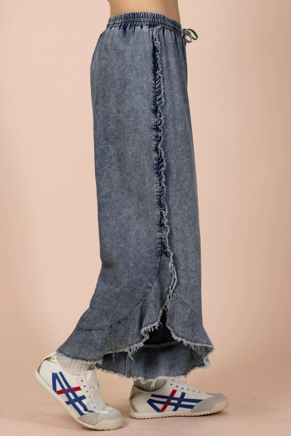 Ruffle Frayed Hem Washed Chambray Pants