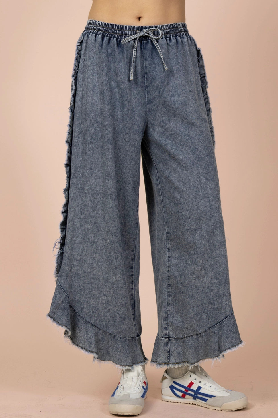 Ruffle Frayed Hem Washed Chambray Pants